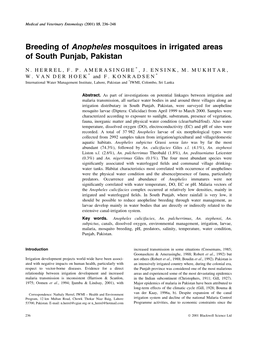 Breeding of Anopheles Mosquitoes in Irrigated Areas of South Punjab, Pakistan