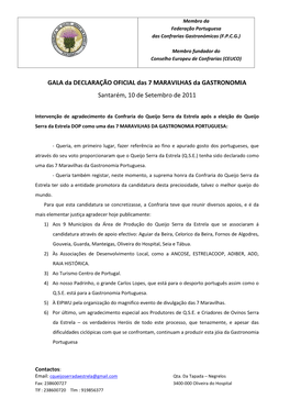 GALA Da DECLARAÇÃO OFICIAL Das 7 MARAVILHAS Da GASTRONOMIA Santarém, 10 De Setembro De 2011