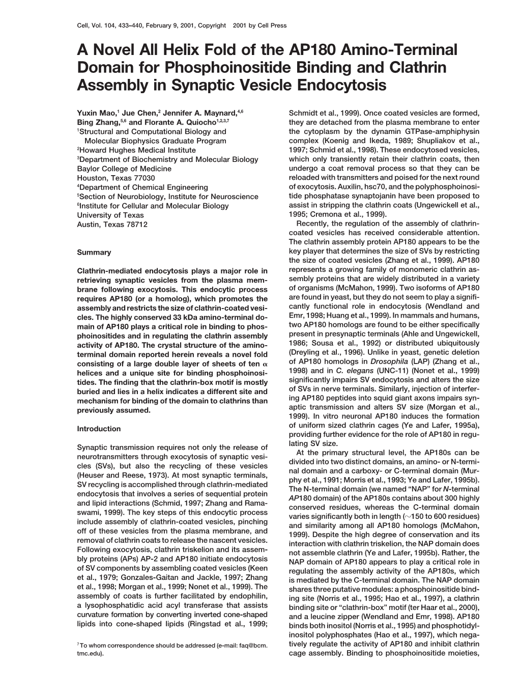 A Novel All Helix Fold of the AP180 Amino-Terminal Domain for Phosphoinositide Binding and Clathrin Assembly in Synaptic Vesicle Endocytosis