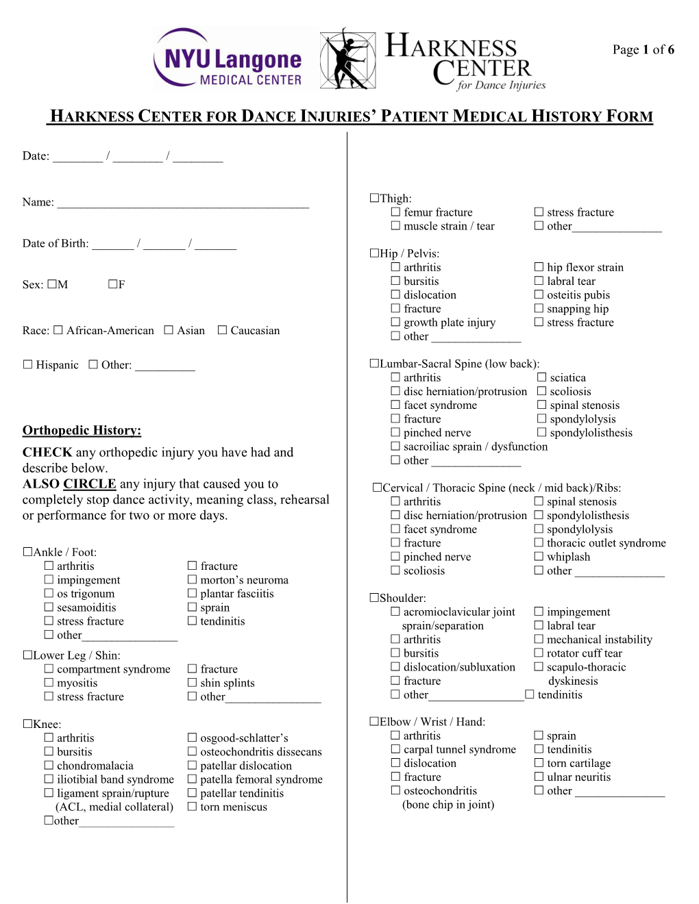 Harkness Center for Dance Injuries' Patient Medical History Form