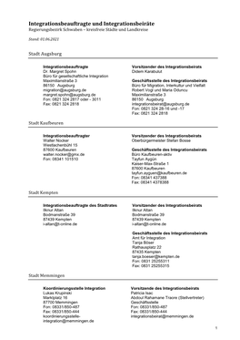 Integrationsbeauftragte Und Integrationsbeiräte Regierungsbezirk Schwaben – Kreisfreie Städte Und Landkreise