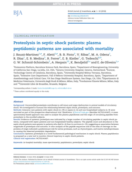 Proteolysis in Septic Shock Patients: Plasma Peptidomic Patterns Are Associated with Mortality J