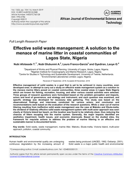 Effective Solid Waste Management: a Solution to the Menace of Marine Litter in Coastal Communities of Lagos State, Nigeria