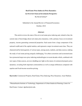 Real Estate Price Indices & Price Dynamics: an Overview from an Investments Perspective by David Geltner* Submitted to the A