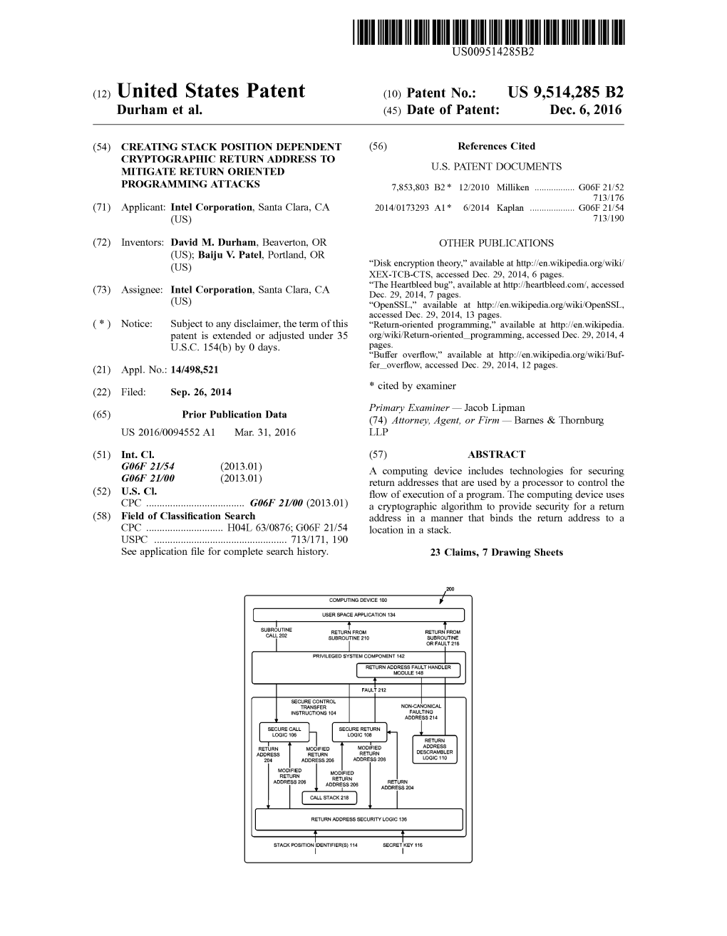 (12) United States Patent (10) Patent No.: US 9,514,285 B2 Durham Et Al