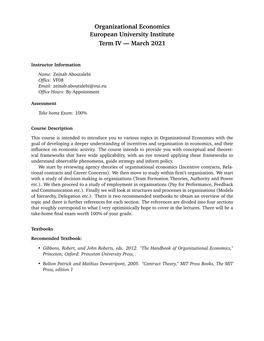 Organizational Economics European University Institute Term IV — March 2021