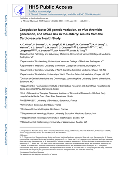 Coagulation Factor XII Genetic Variation, Ex Vivo Thrombin Generation, and Stroke Risk in the Elderly: Results from the Cardiovascular Health Study