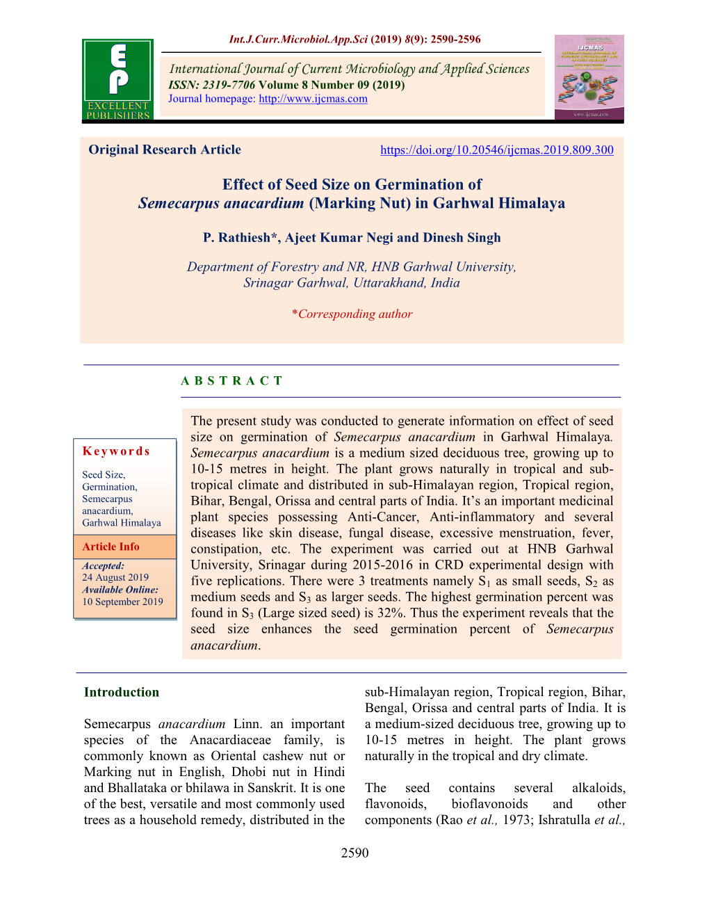 Effect of Seed Size on Germination of Semecarpus Anacardium (Marking Nut) in Garhwal Himalaya