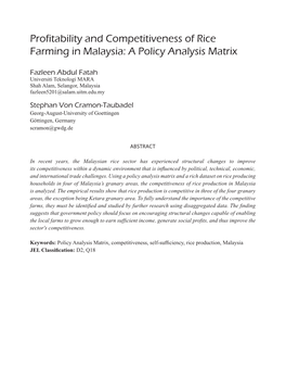 Profitability and Competitiveness of Rice Farming in Malaysia: a Policy Analysis Matrix