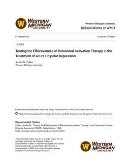 Testing the Effectiveness of Behavioral Activation Therapy in the Treatment of Acute Unipolar Depression