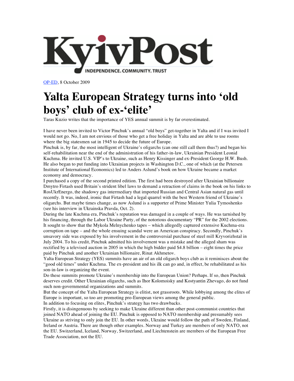 Yalta European Strategy Turns Into ‘Old Boys’ Club of Ex-‘Elite’ Taras Kuzio Writes That the Importance of YES Annual Summit Is by Far Overestimated