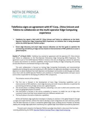 Telefónica Signs an Agreement with KT Corp., China Unicom and Telstra to Collaborate on the Multi-Operator Edge Computing Experience