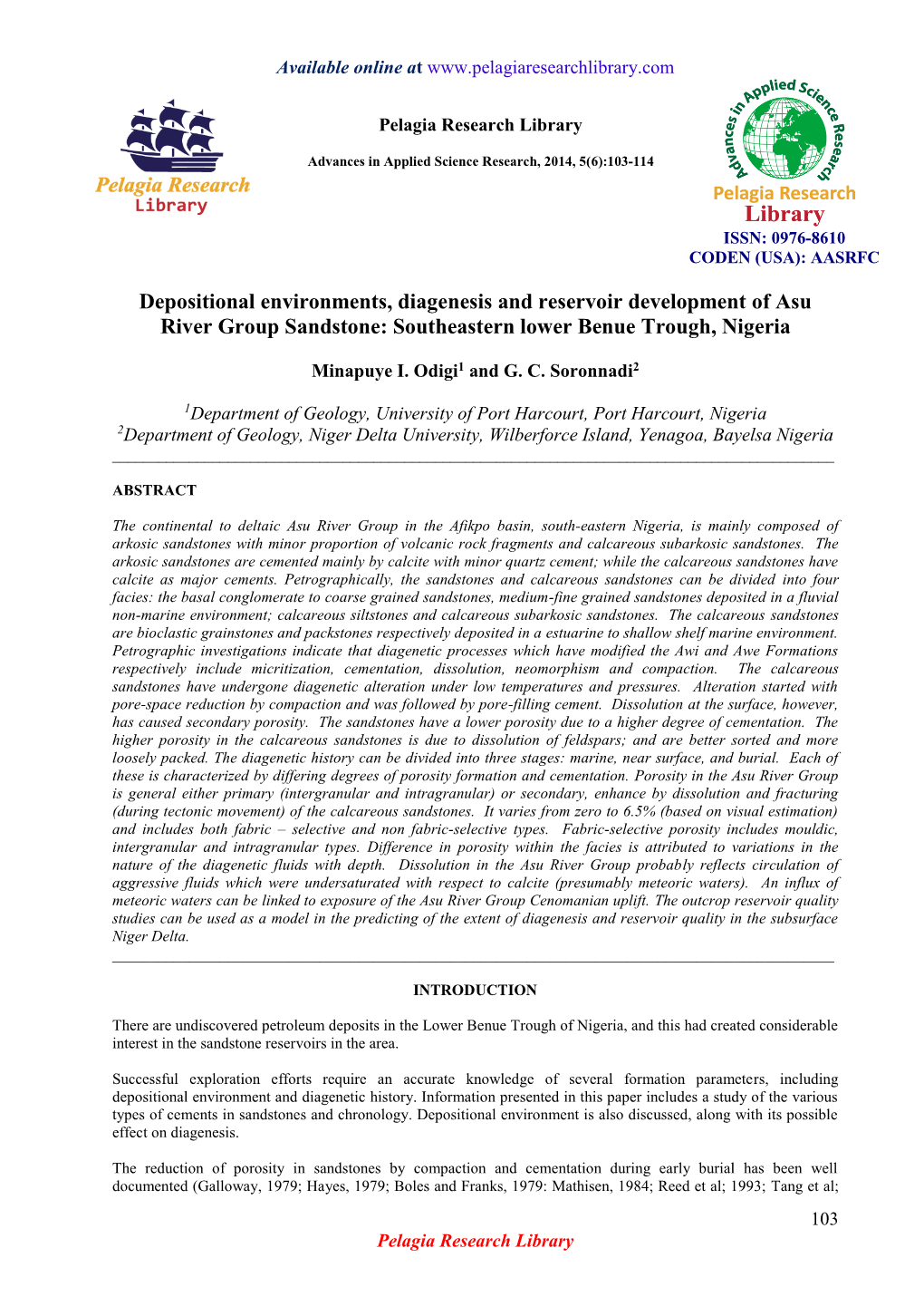 Depositional Environments, Diagenesis and Reservoir Development of Asu River Group Sandstone: Southeastern Lower Benue Trough, Nigeria