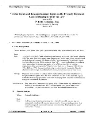 “Water Rights and Takings: Inherent Limits on the Property Right and Current Developments in the Law” Presented by P