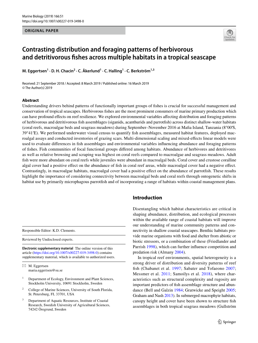 Contrasting Distribution and Foraging Patterns of Herbivorous and Detritivorous Fshes Across Multiple Habitats in a Tropical Seascape