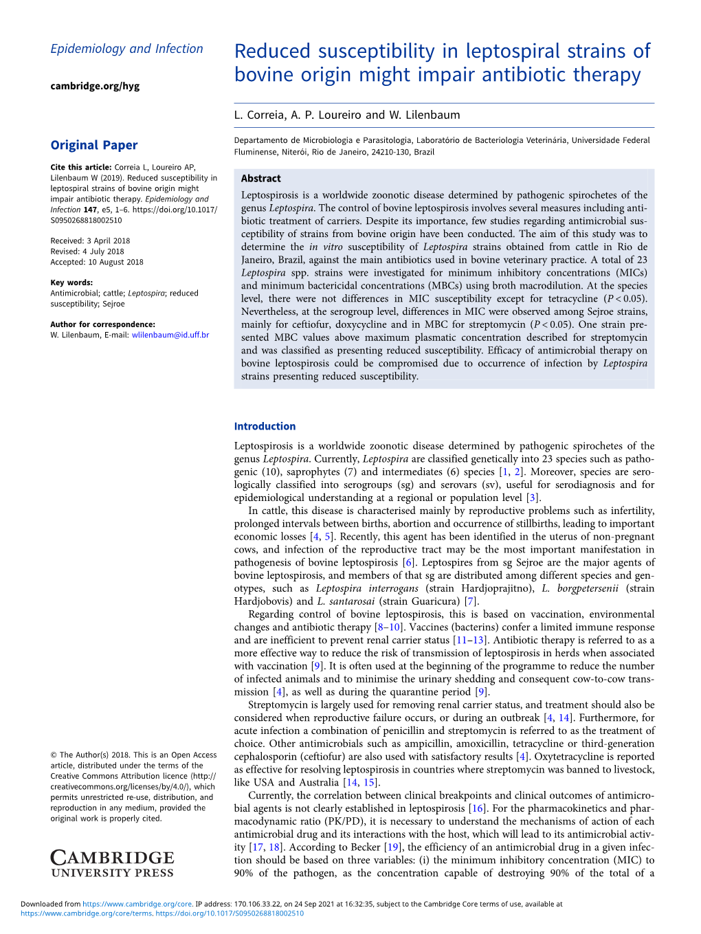 Reduced Susceptibility in Leptospiral Strains of Bovine Origin Might Impair Antibiotic Therapy Cambridge.Org/Hyg