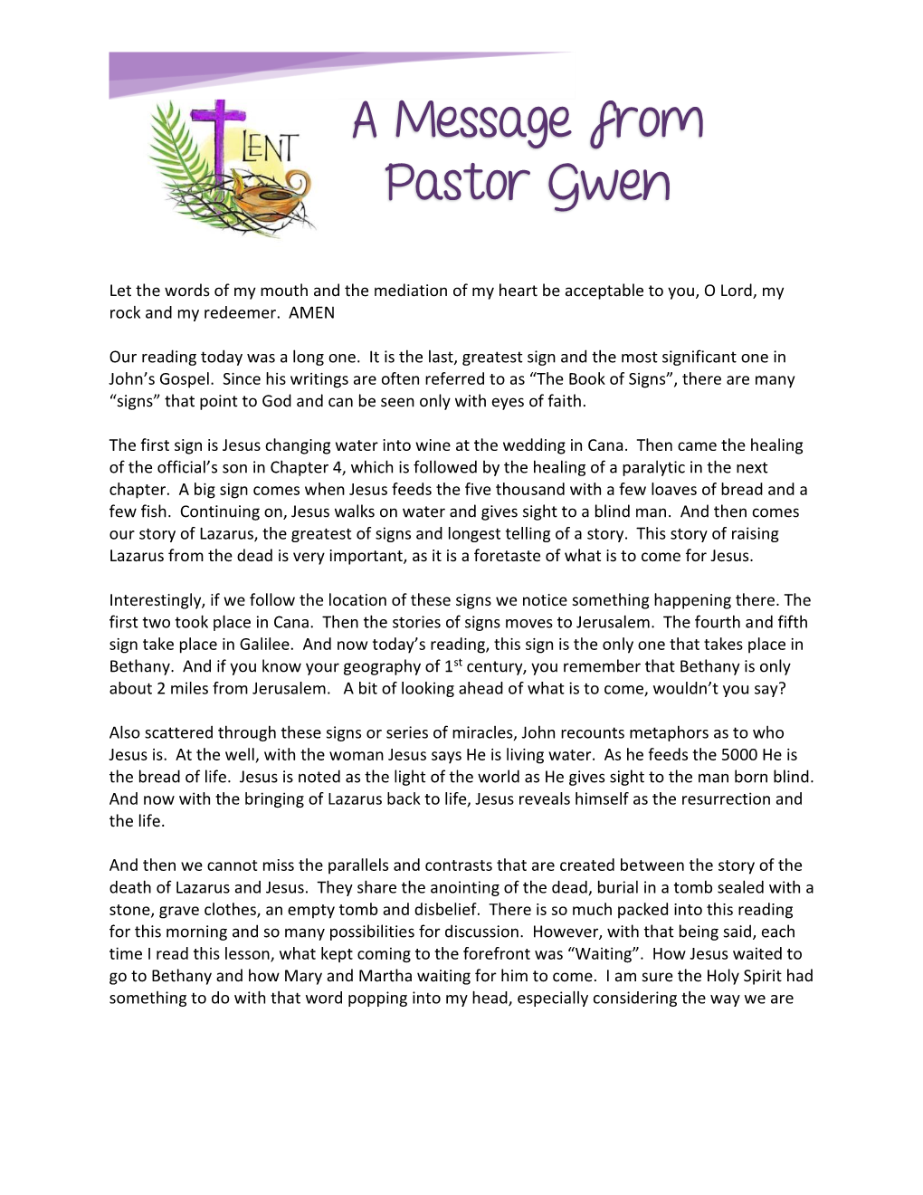 A Message from Pastor Gwen