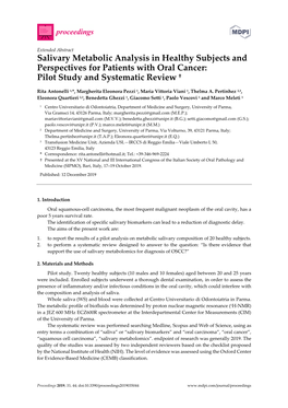 Salivary Metabolic Analysis in Healthy Subjects and Perspectives for Patients with Oral Cancer: Pilot Study and Systematic Review †