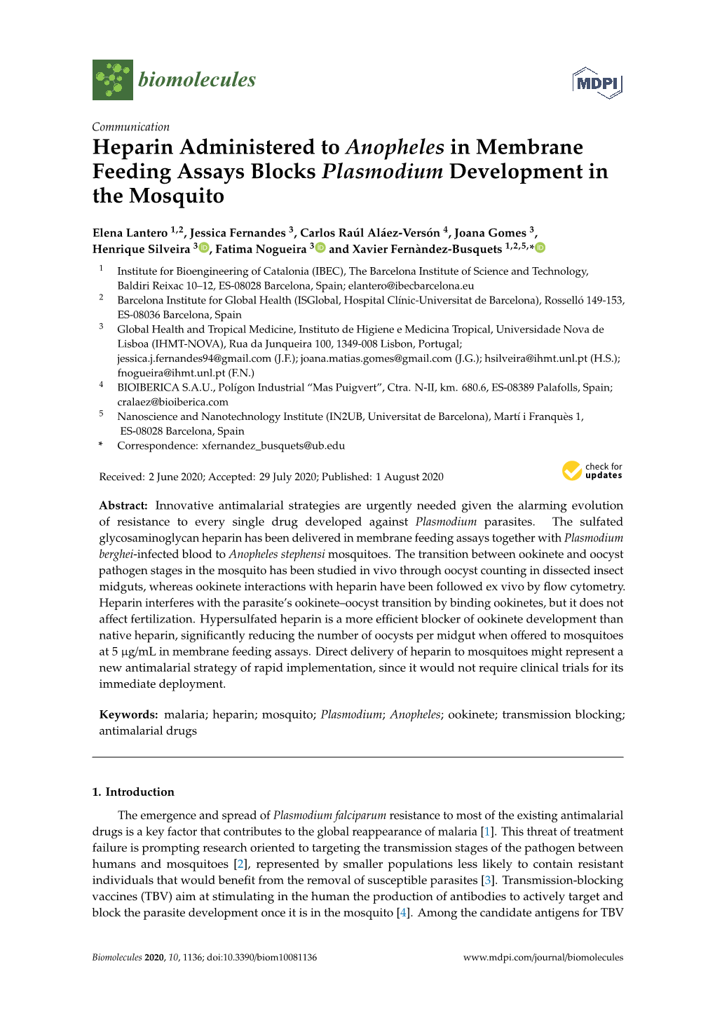 Heparin Administered to Anopheles in Membrane Feeding Assays Blocks Plasmodium Development in the Mosquito