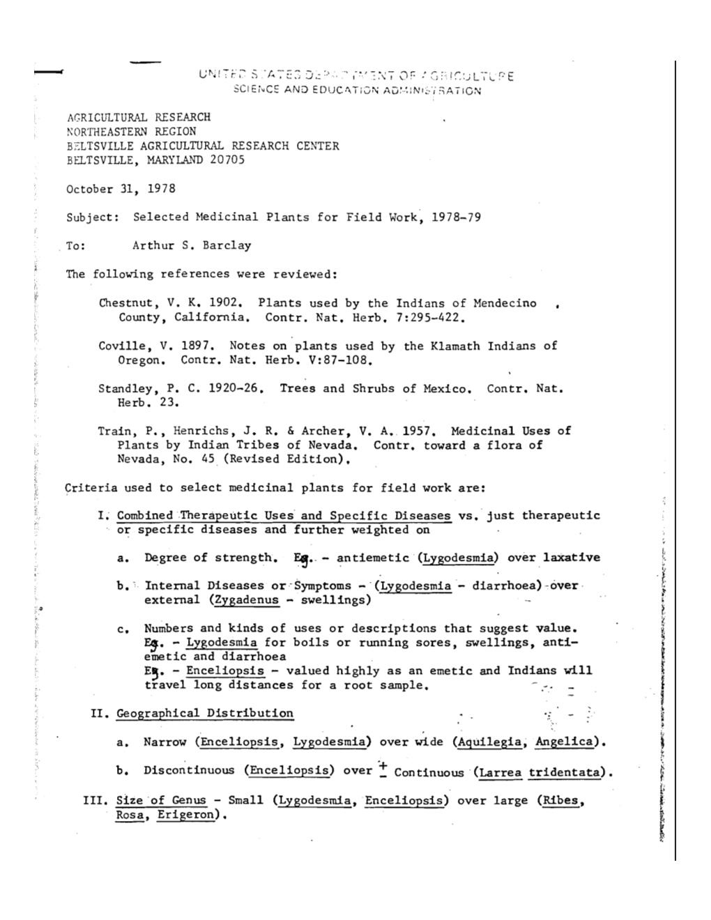 Selected Medicinal Plants for Field Work, 1978-79