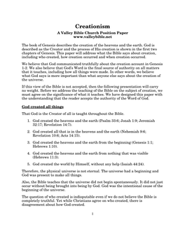 Creationism a Valley Bible Church Position Paper