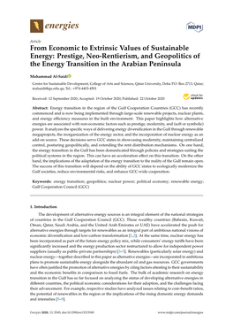 From Economic to Extrinsic Values of Sustainable Energy: Prestige, Neo-Rentierism, and Geopolitics of the Energy Transition in the Arabian Peninsula