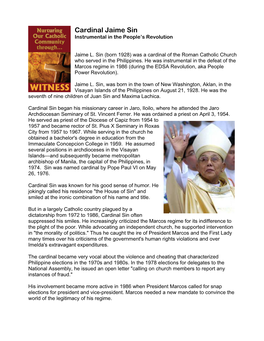 Cardinal Jaime Sin Instrumental in the People’S Revolution
