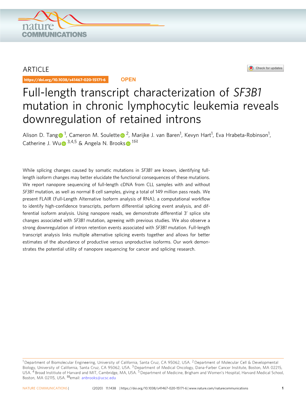 Full-Length Transcript Characterization of SF3B1 Mutation in Chronic Lymphocytic Leukemia Reveals Downregulation of Retained Introns