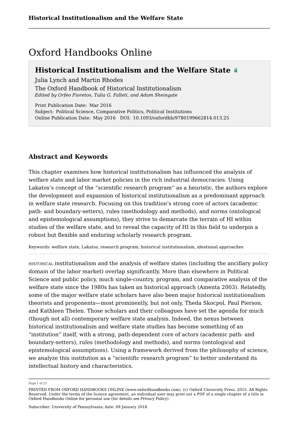 Historical Institutionalism and the Welfare State