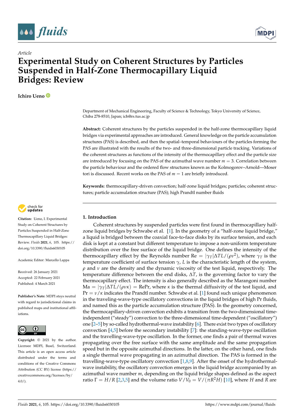 Experimental Study on Coherent Structures by Particles Suspended in Half-Zone Thermocapillary Liquid Bridges: Review