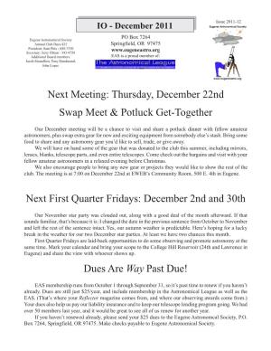 Thursday, December 22Nd Swap Meet & Potluck Get-Together Next First