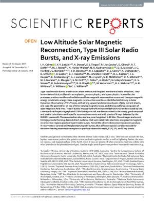 Low Altitude Solar Magnetic Reconnection, Type III Solar Radio Bursts, and X-Ray Emissions Received: 11 January 2015 I