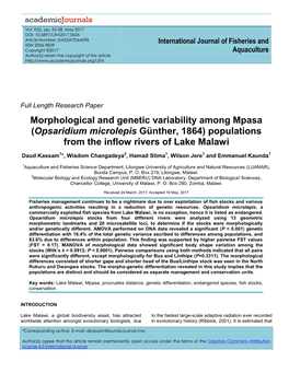 Morphological and Genetic Variability Among Mpasa (Opsaridium Microlepis Günther, 1864) Populations from the Inflow Rivers of Lake Malawi