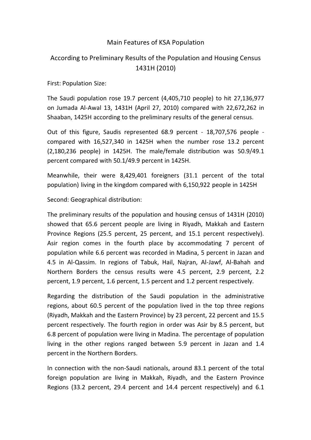 Main Features of KSA Population According to Preliminary Results of the Population and Housing Census 1431H (2010)