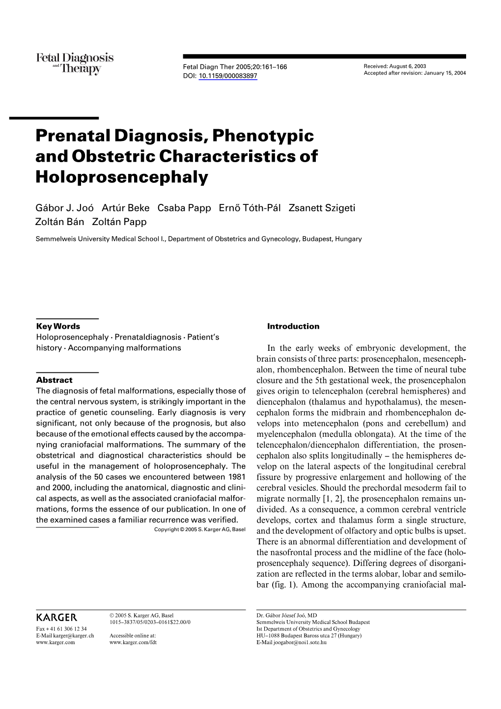 Prenatal Diagnosis, Phenotypic and Obstetric Characteristics of Holoprosencephaly