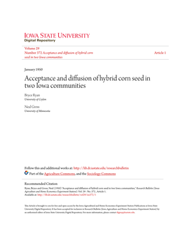 Acceptance and Diffusion of Hybrid Corn Seed in Two Iowa Communities Bryce Ryan University of Ceylon