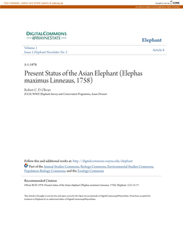 Present Status of the Asian Elephant (Elephas Maximus Linneaus, 1758) Robert C