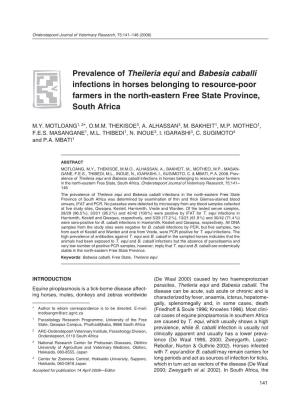 Prevalence of Theileria Equi and Babesia Caballi Infections in Horses Belonging to Resource-Poor Farmers in the North-Eastern Free State Province, South Africa