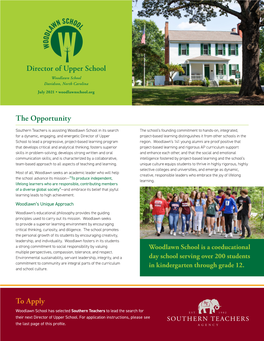 The Opportunity to Apply Director of Upper School