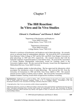 The Hill Reaction: in Vitro and in Vivo Studies