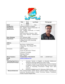 Dr. Pathik Roy Designation Assistant Professor in English Educational B.A