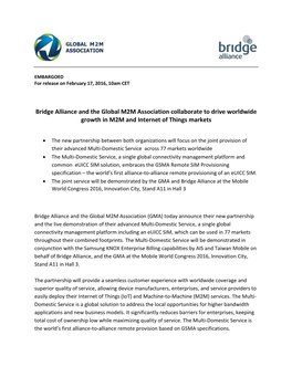 Bridge Alliance and the Global M2M Association Collaborate to Drive Worldwide Growth in M2M and Internet of Things Markets