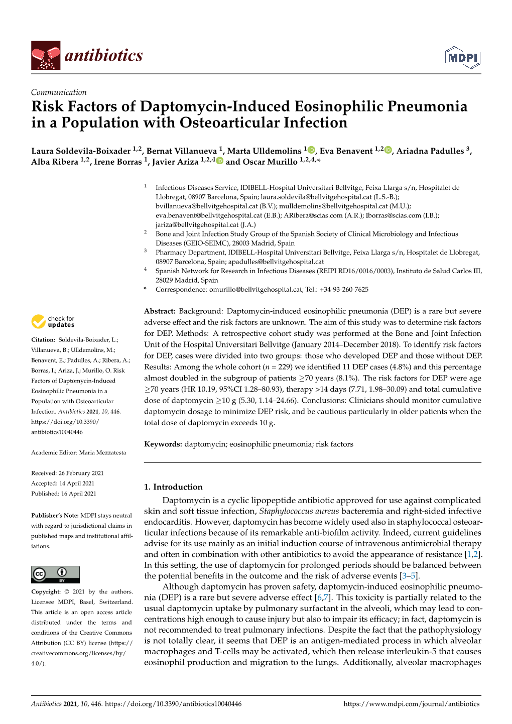 Risk Factors of Daptomycin-Induced Eosinophilic Pneumonia in a Population with Osteoarticular Infection