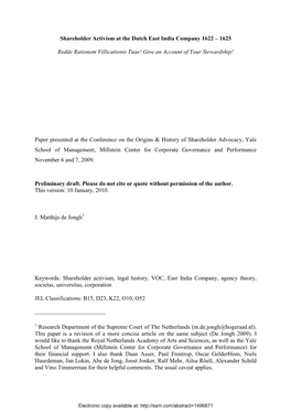 Shareholder Activism at the Dutch East India Company 1622 – 1625