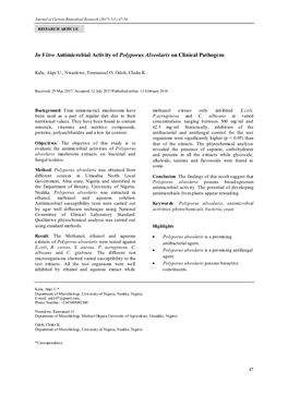 In Vitro Antimicrobial Activity of Polyporus Alveolaris on Clinical Pathogens