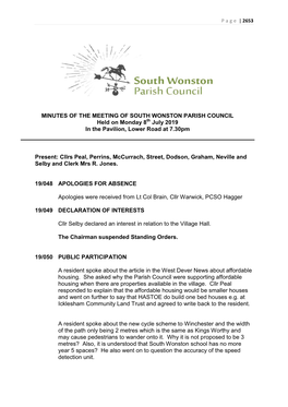 MINUTES of the MEETING of SOUTH WONSTON PARISH COUNCIL Held on Monday 8 July 2019 in the Pavilion, Lower Road at 7.30Pm Present