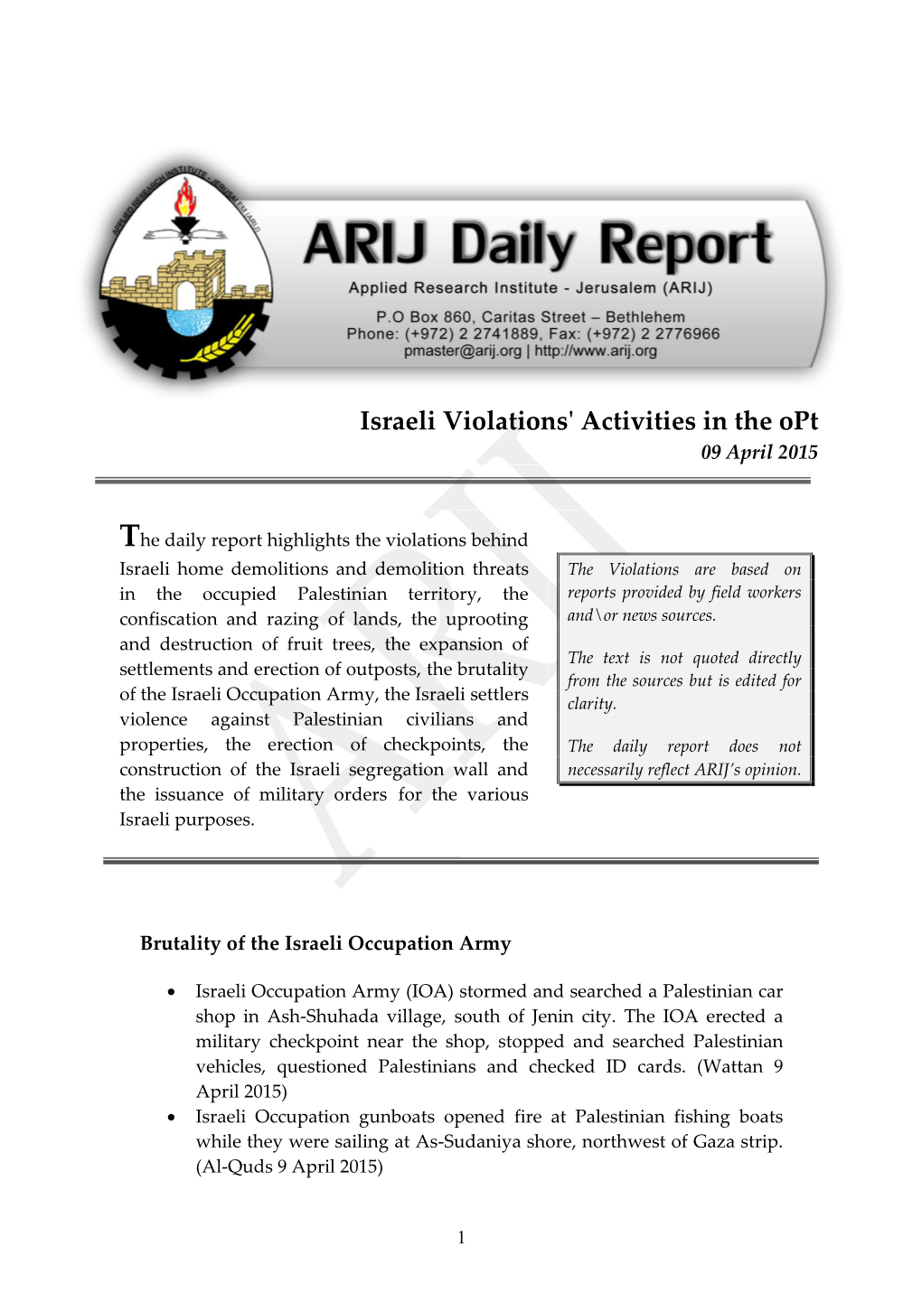 Israeli Violations' Activities in the Opt 09 April 2015