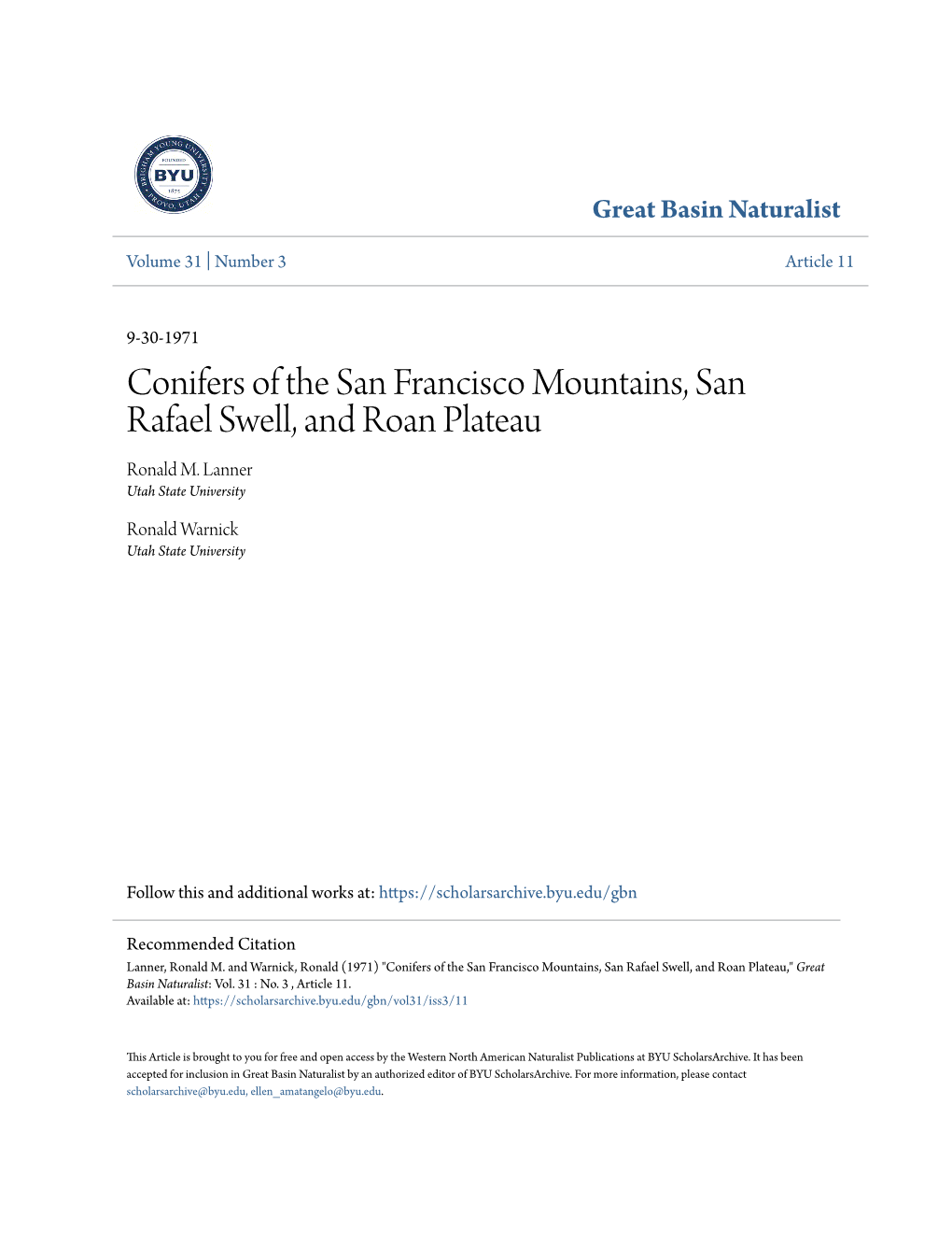 Conifers of the San Francisco Mountains, San Rafael Swell, and Roan Plateau Ronald M