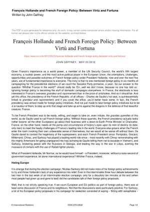 François Hollande and French Foreign Policy: Between Virtù and Fortuna Written by John Gaffney