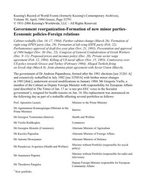 Government Reorganization-Formation of New Minor Parties- Economic Policies-Foreign Relations Cabinet Reshuffle (Jan
